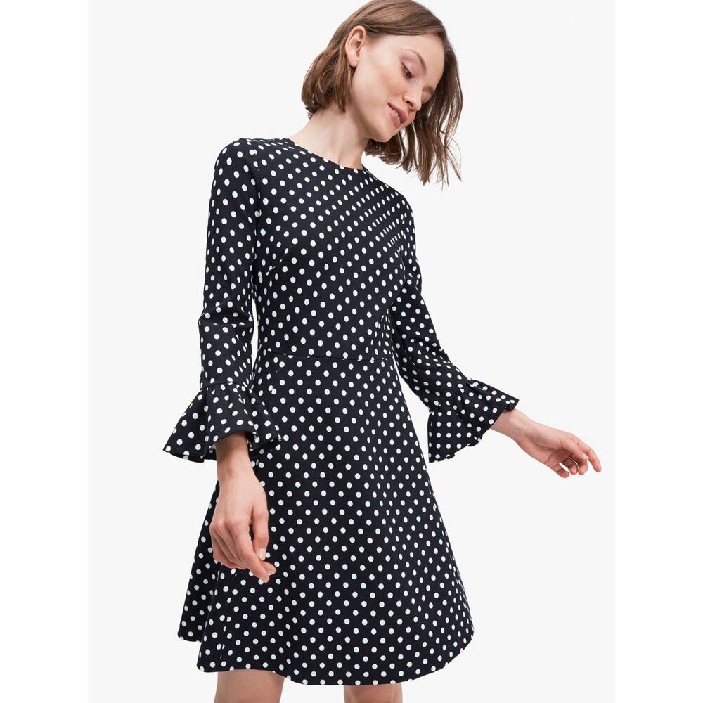 Kate Spade Sz Large Domino Dot Flounce Sleeve Ponte Dress - Black White Pockets